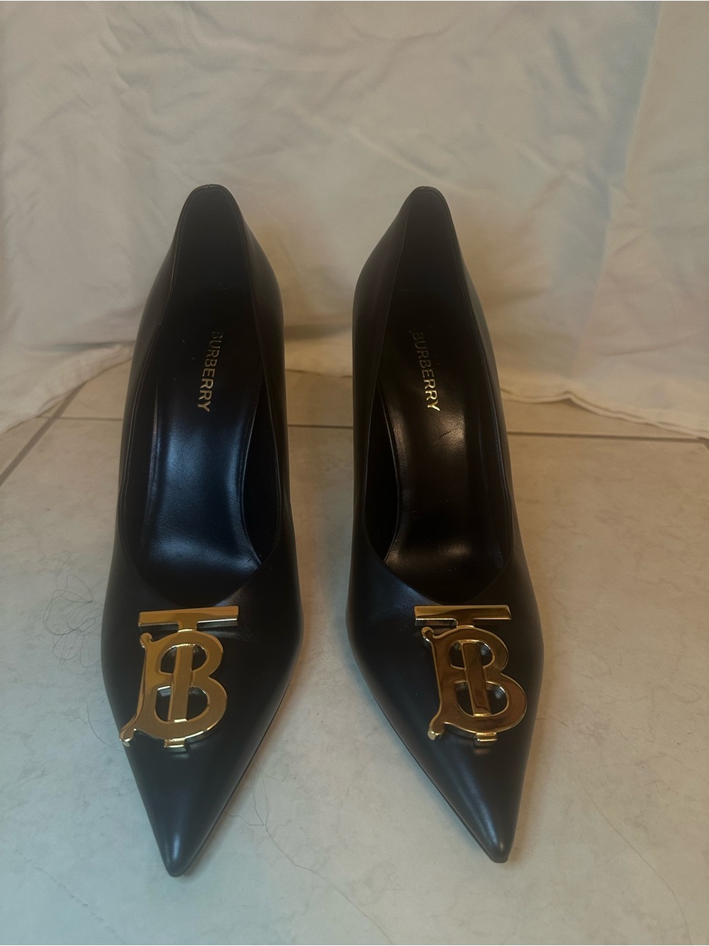 Burberry Black Leather Pointed-Toe Heels with Gold TB Logo